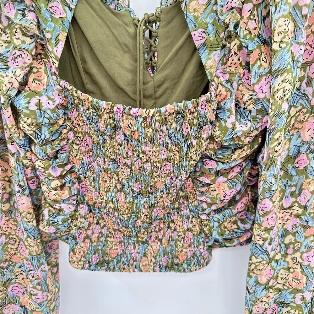 FREE PEOPLE MED Mabel garden combo woman ruch puff sleeve milkmaid floral blouse